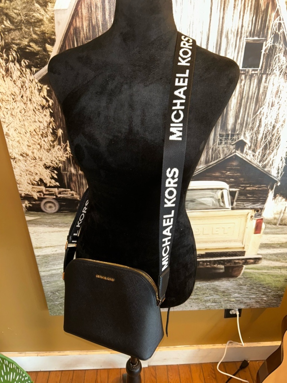 Michael Kors Black Dome Crossbody with Logo Webbing Strap